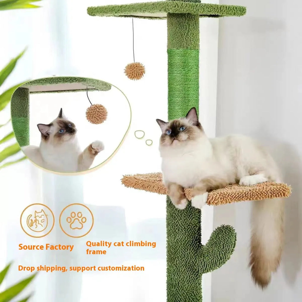 Solid wood cat climbing frame with integrated scratch board and cat nest measuring 240-260cm tall
