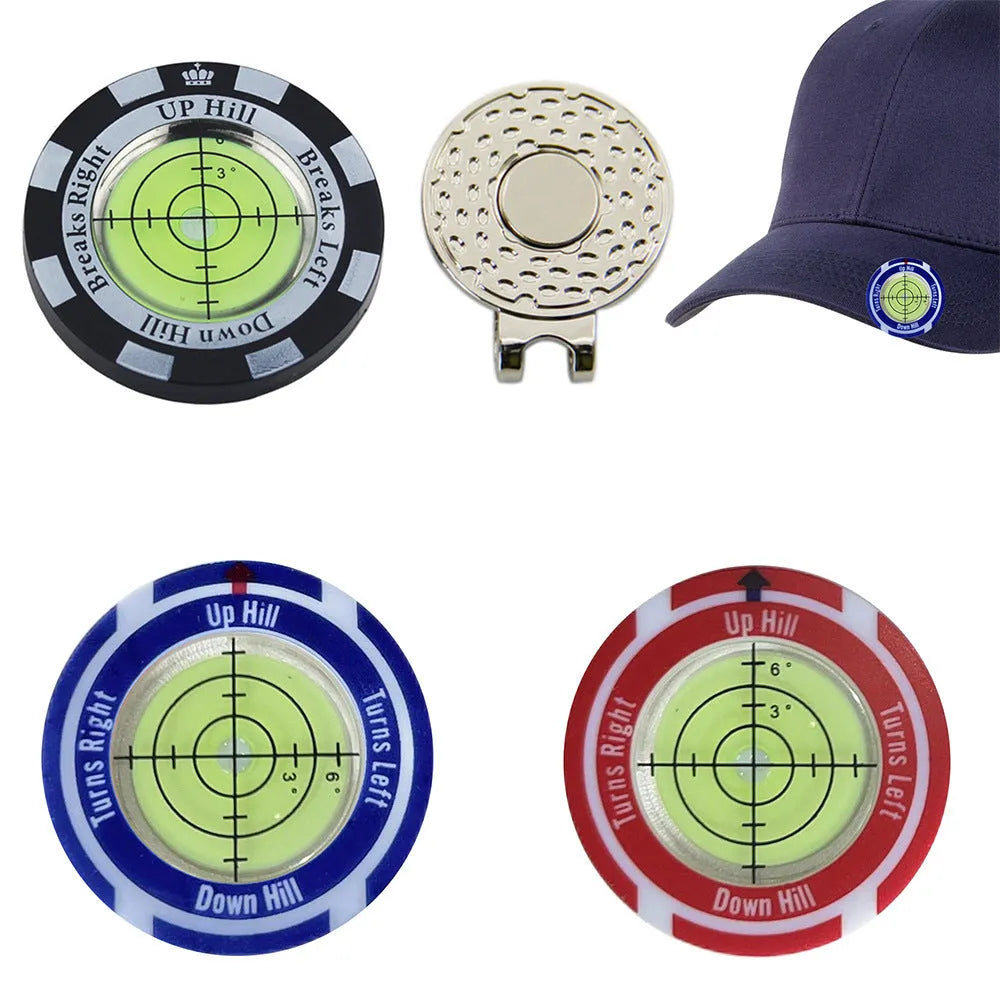 Golf spirit level clip with green bubble vial and alignment marks attached to a golf bag strap