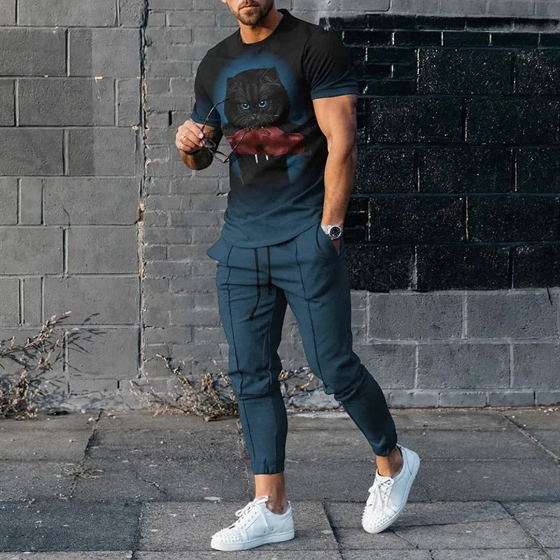 Men's short-sleeved pullover and trouser set in chemical fibre blend fabric for sports