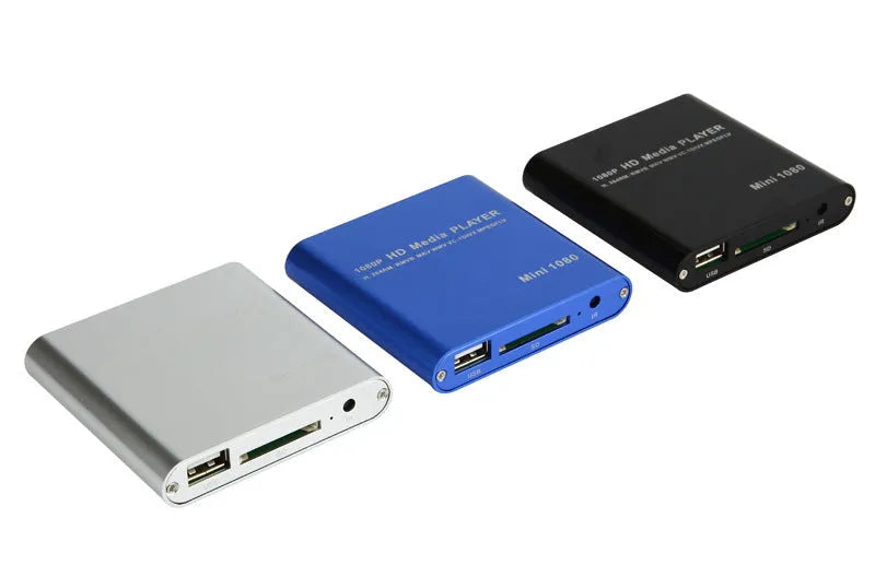 Compact black or blue 1080P HDMI media player with USB and SD card ports.