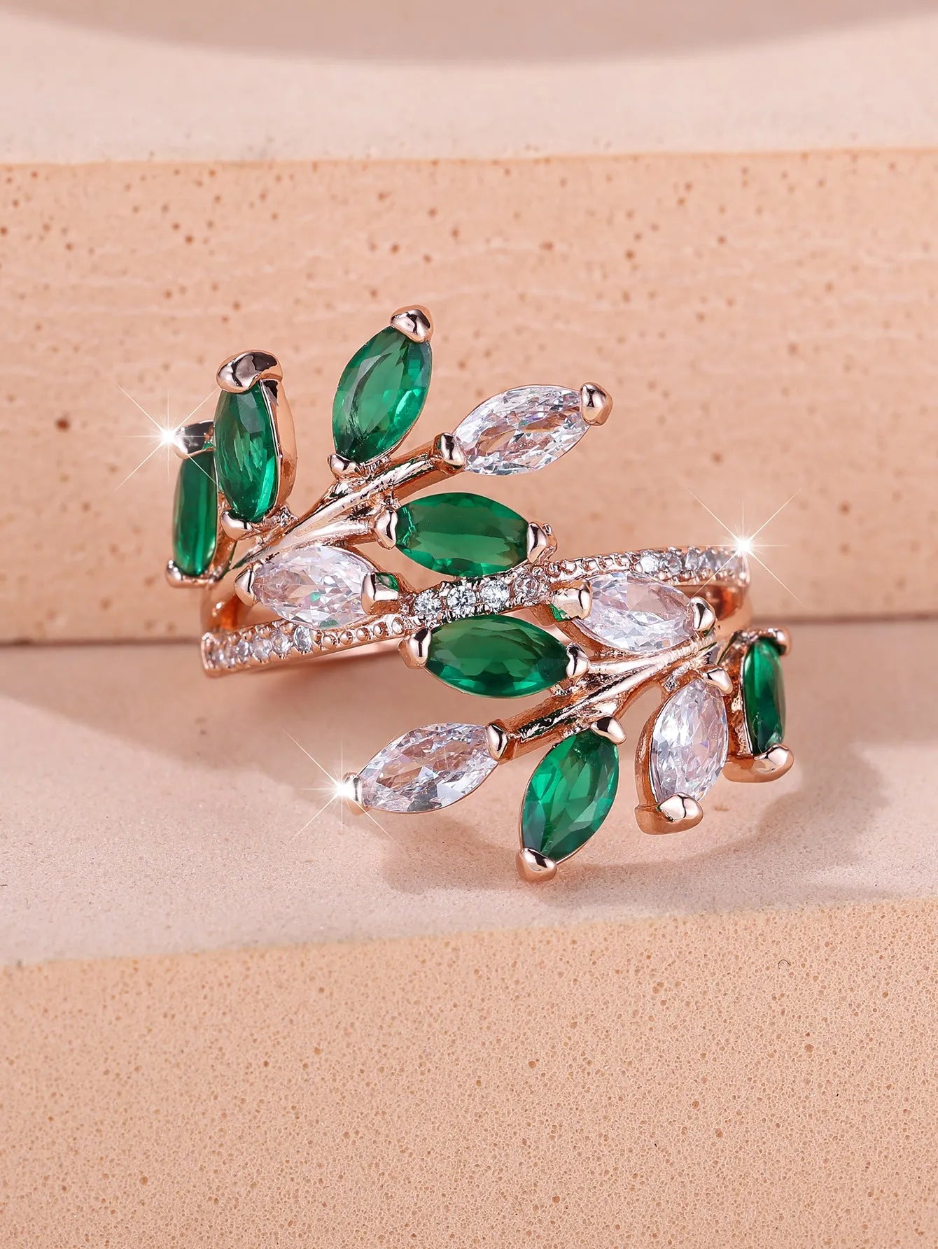 Adjustable copper leaf ring with horse eye zircon stone in multiple colour options