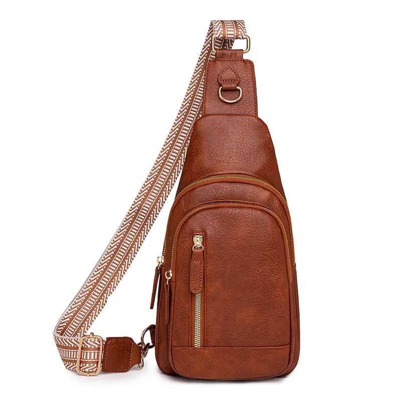 Women's soft brown PU crossbody chest bag showing open outer pocket and street style design