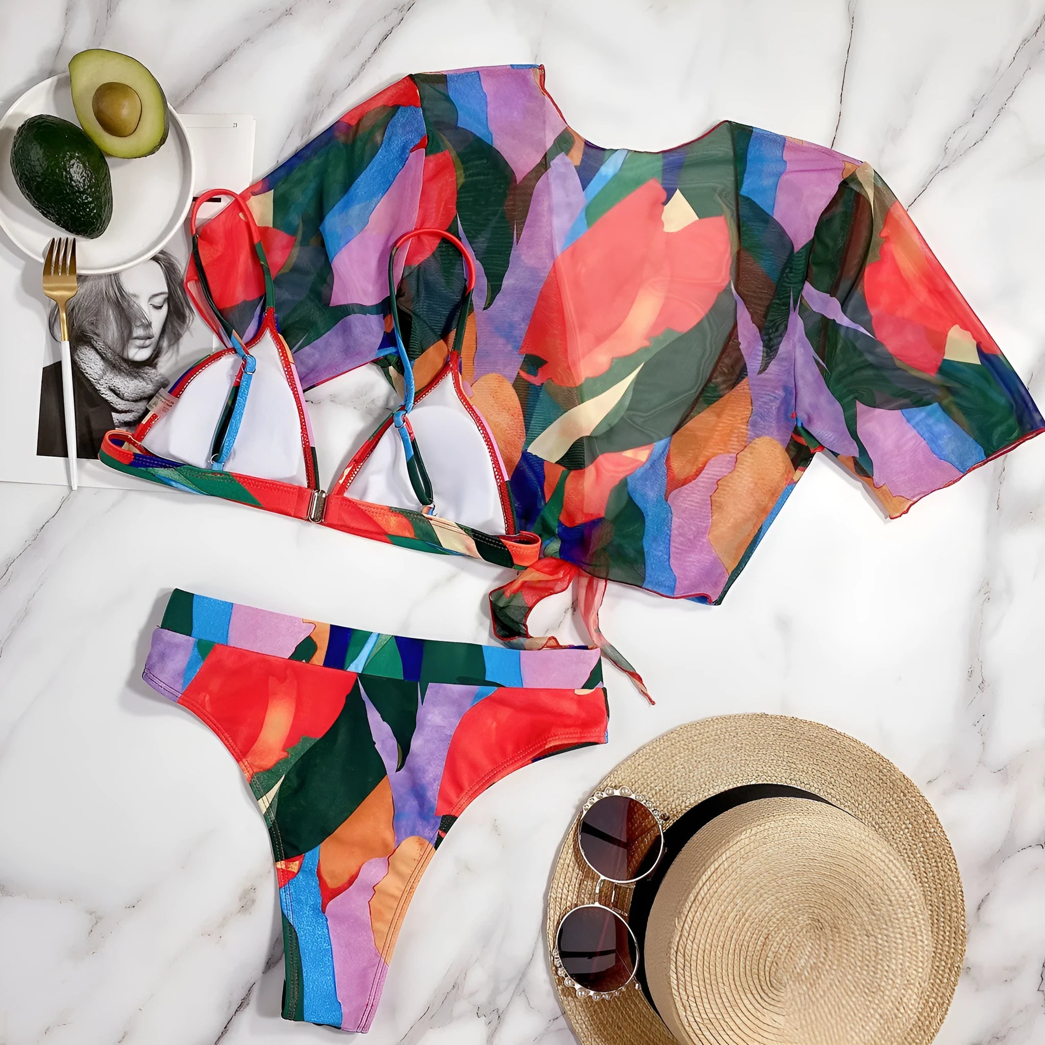 Red women's split swimsuit with briefs bikini style for swimming and casual surfing