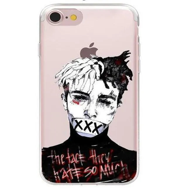 Half-wrapped transparent iPhone case with XXTentacion artwork design showing matte finish texture