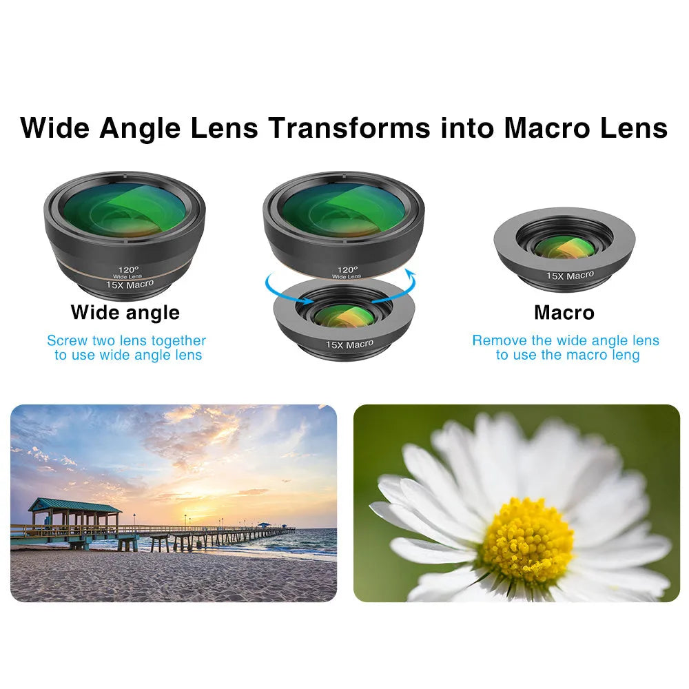 Black aluminium 6-in-1 mobile phone lens kit with universal clip attachment