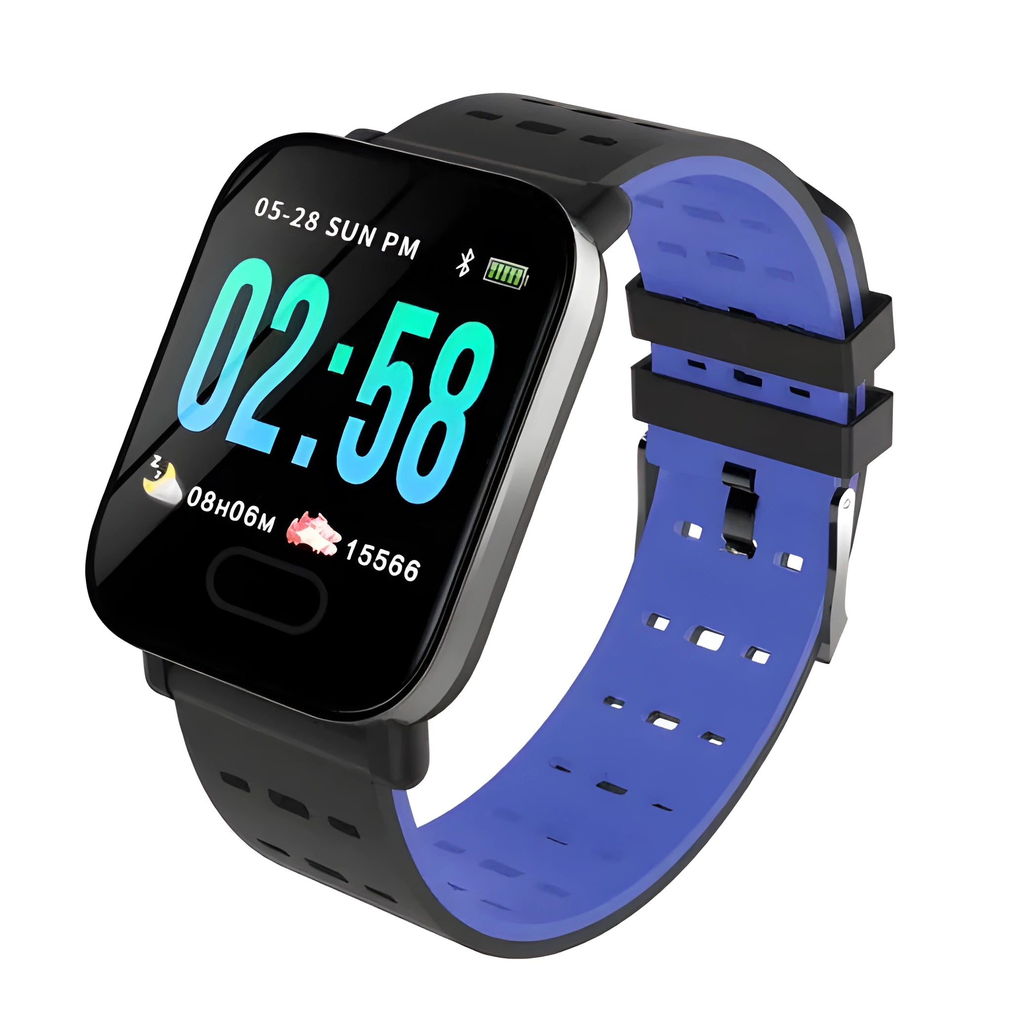 A6 smart bracelet with colour screen on wrist showing fitness data, silicone strap in choice of colours