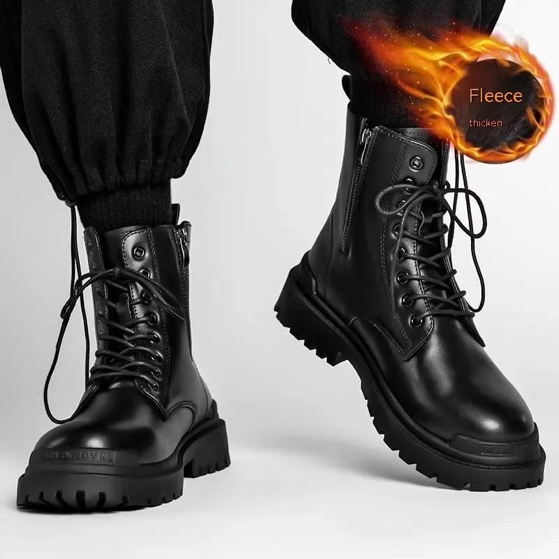 Men's black mid-top leather-style boots with rubber sole showing waterproof non-slip design