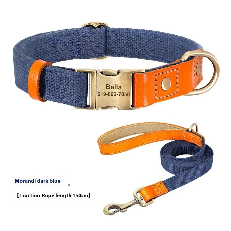 Mohair small dog neck collar and traction rope set in Mo Landi colours with lettering detail