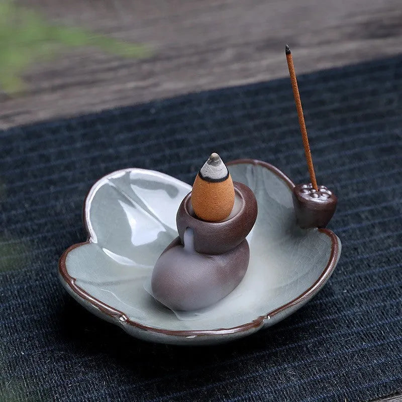 Ceramic reverse flow incense burner with purple clay in traditional Chinese designs