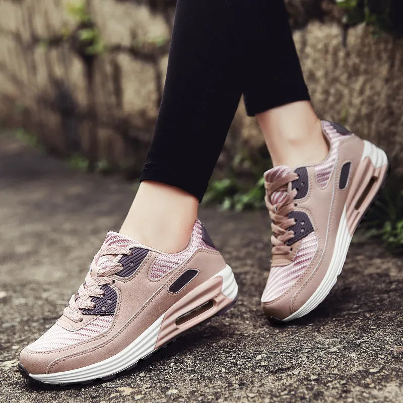 Women's casual low heel shoes in beige orange, grey, and pink purple colour options.