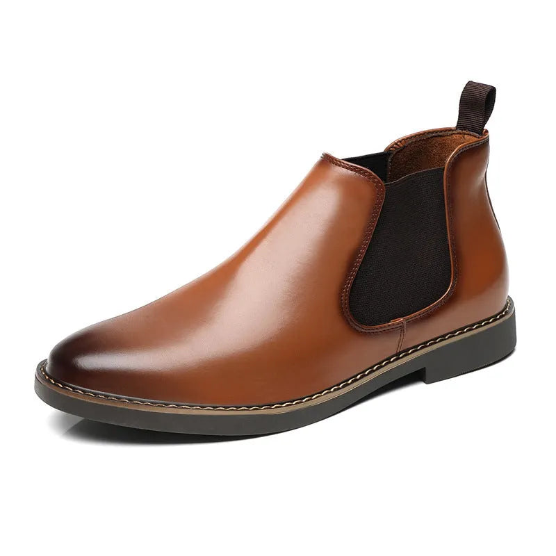 Men's black formal pointed-toe leather boots with a square heel on a white background