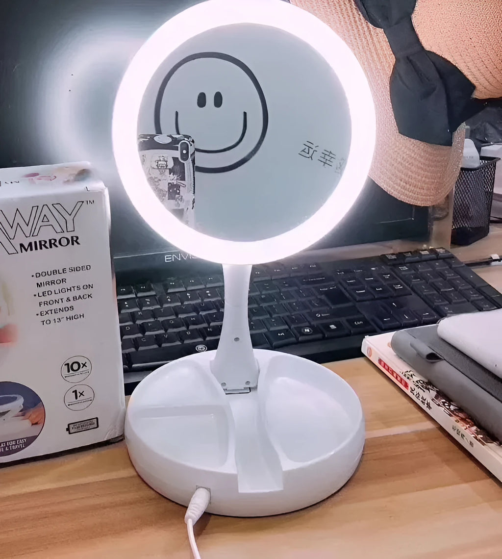 White foldable LED vanity mirror with beauty fill light showing double-sided design and USB charging port