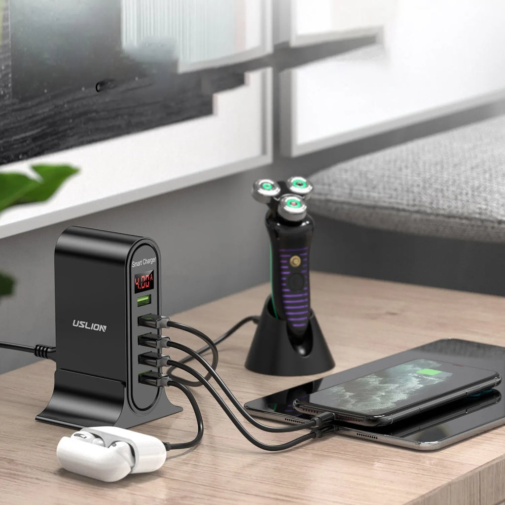 Smart LED digital display USB charger with black or white casing showing EU, UK and US plug options