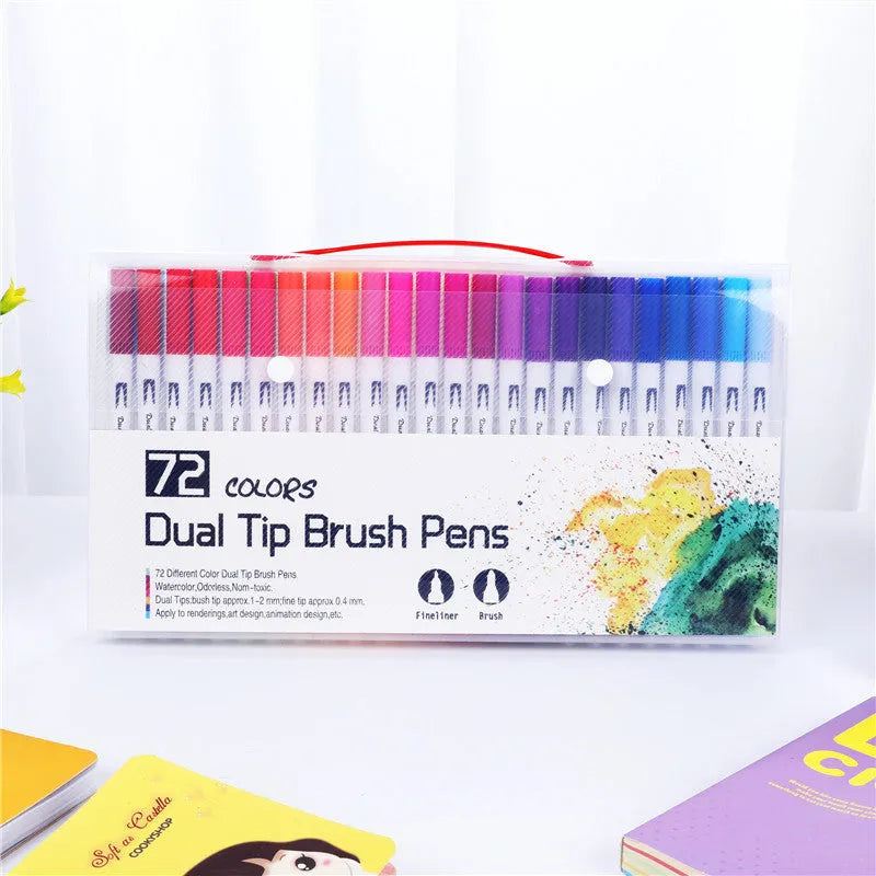 Set of watercolour pens in various colours arranged in a case, showing plastic barrels and fine tips.