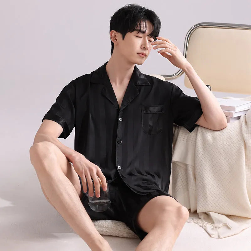 Men's ice silk pajama cardigan set with shorts in lightweight artificial silk fabric with satin jacquard plaid pattern