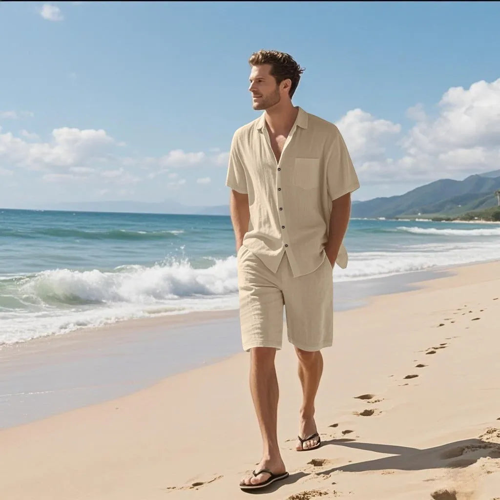 Linen blend short sleeve shirt and shorts leisure suit in Army Green colour