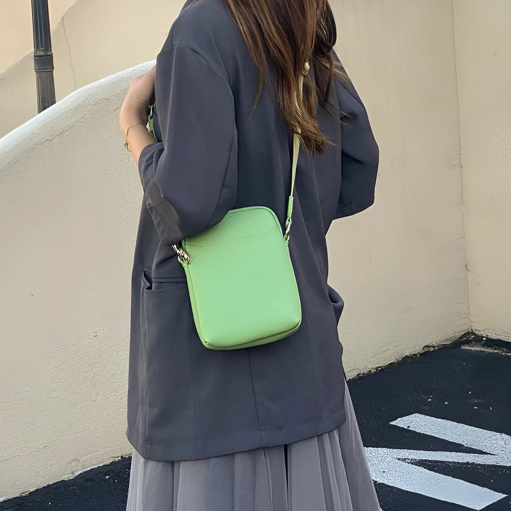 Women's compact crossbody shoulder bag for mobile phones in solid colour with 14.5×5.5×19cm dimensions