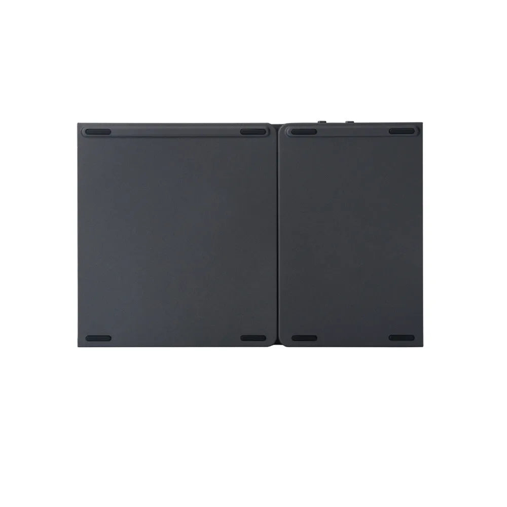Black tri-fold folding Bluetooth keyboard with touchpad shown unfolded and folded