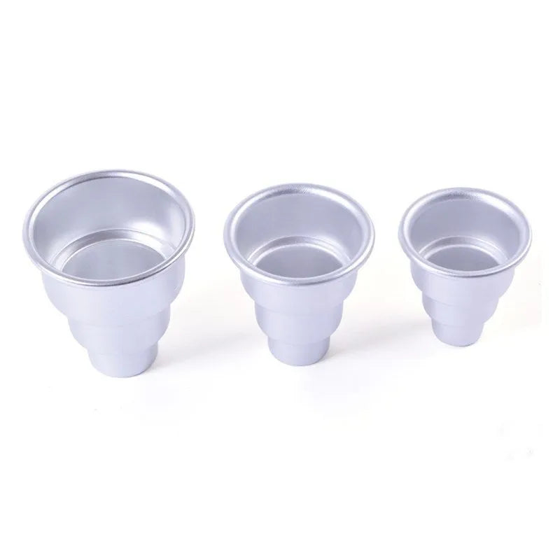 Three silver aluminium alloy cake moulds in large, medium, and small sizes with softcover