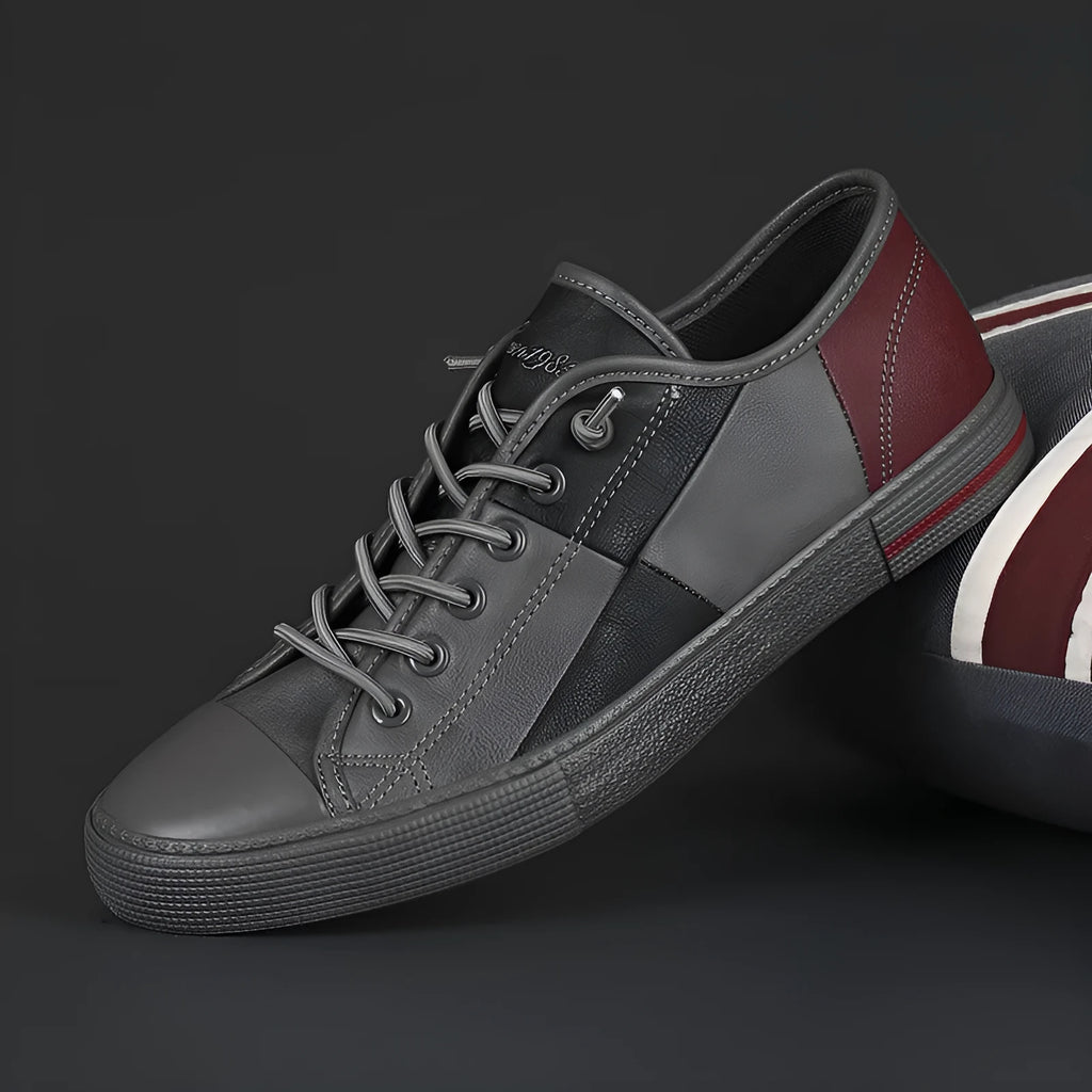 Men's colour matching leather shoes with elastic band and round toe in black and white design