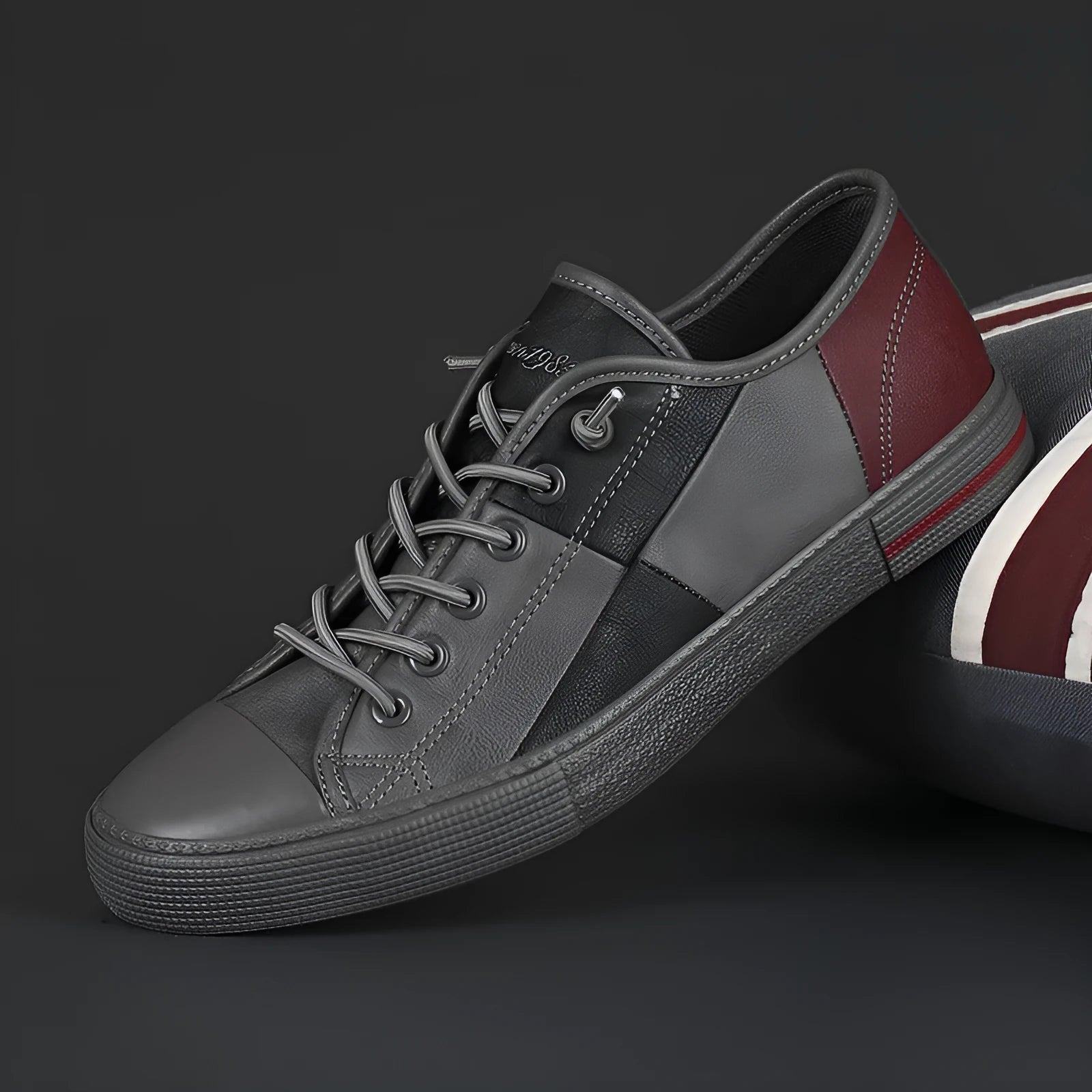 Men's colour matching leather shoes with elastic band and round toe in black and white design