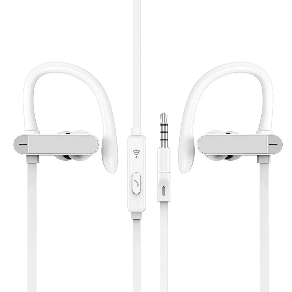 Black and blue sport ear hooks attached to PTM TS27 earphones with microphone.