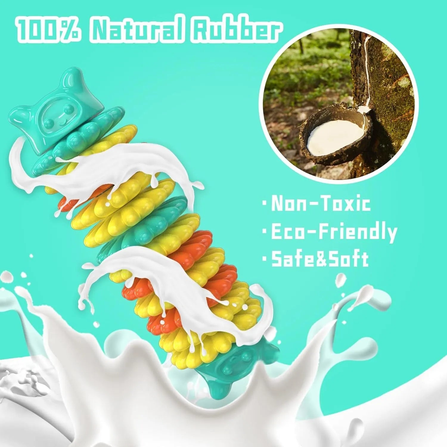 Blue, green, and pink caterpillar-shaped natural rubber dog chew toy on a white background.
