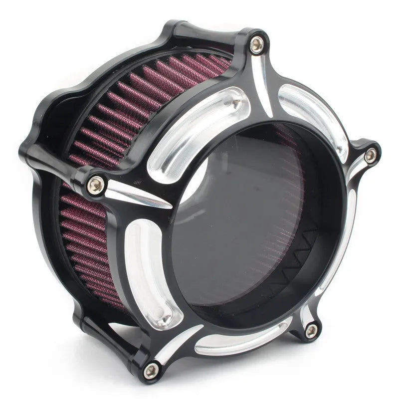 Aluminium air filter retrofitting accessories in multiple colour options including black, red, blue, and electroplated finishes