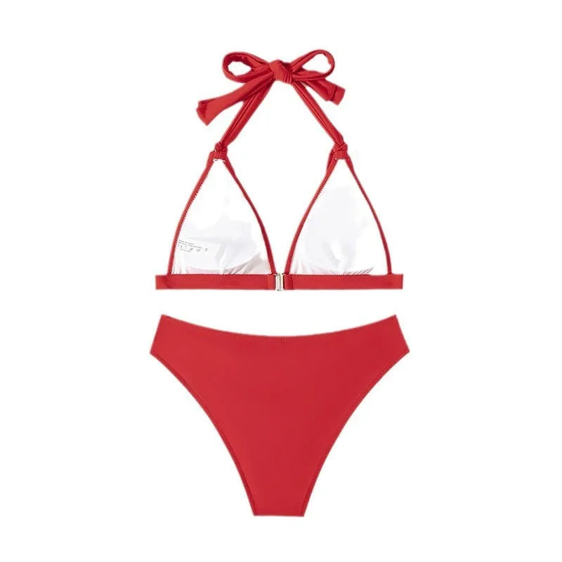 Women's red lace-up halterneck bikini set for swimming and beach activities