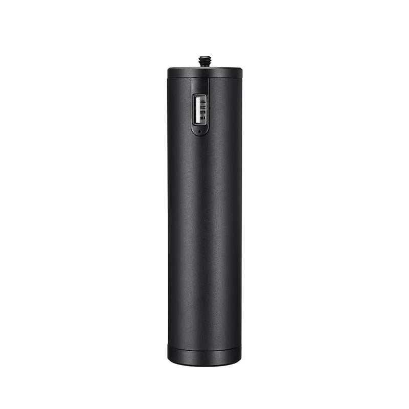 Black aluminium alloy portable power bank with a carry handle showing size of 12.5cm
