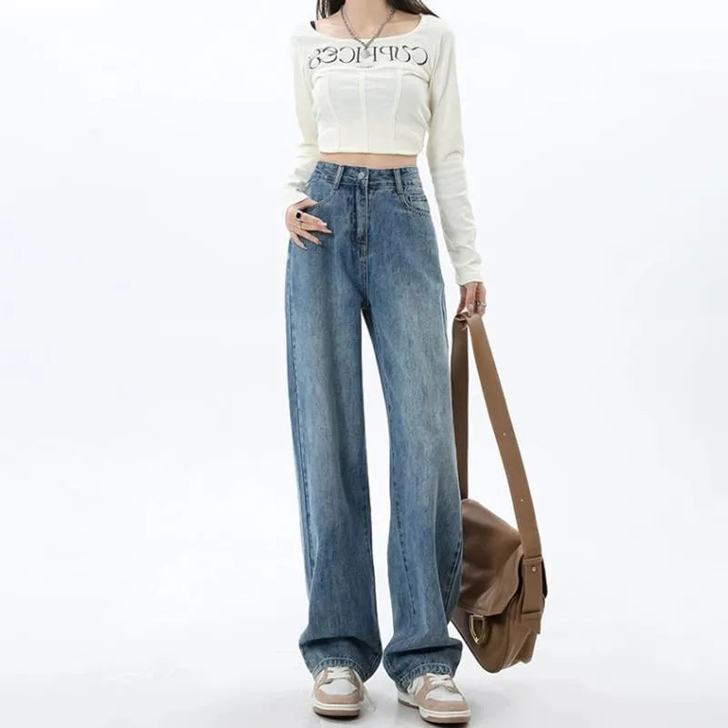 Women's retro blue high waist wide leg jeans with straight cut and stretch denim fabric