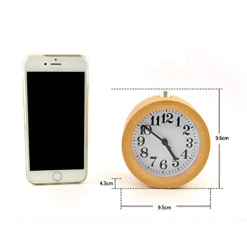 Solid beech wood traditional alarm clock with silent snooze function measuring 9.5cm in diameter