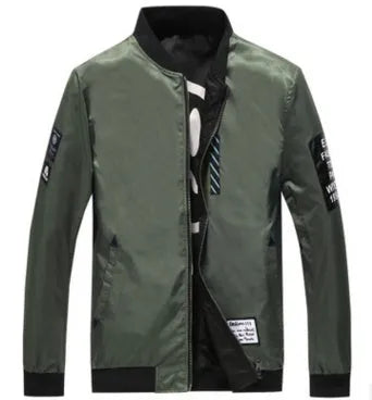 Men's reversible flight jacket in black, blue, or green colours with thin stripe pattern and zipper closure