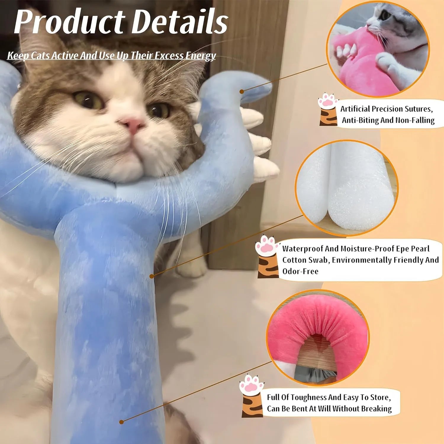 70cm plush cat wand toy for indoor cats in blue colour with plush-wrapped construction
