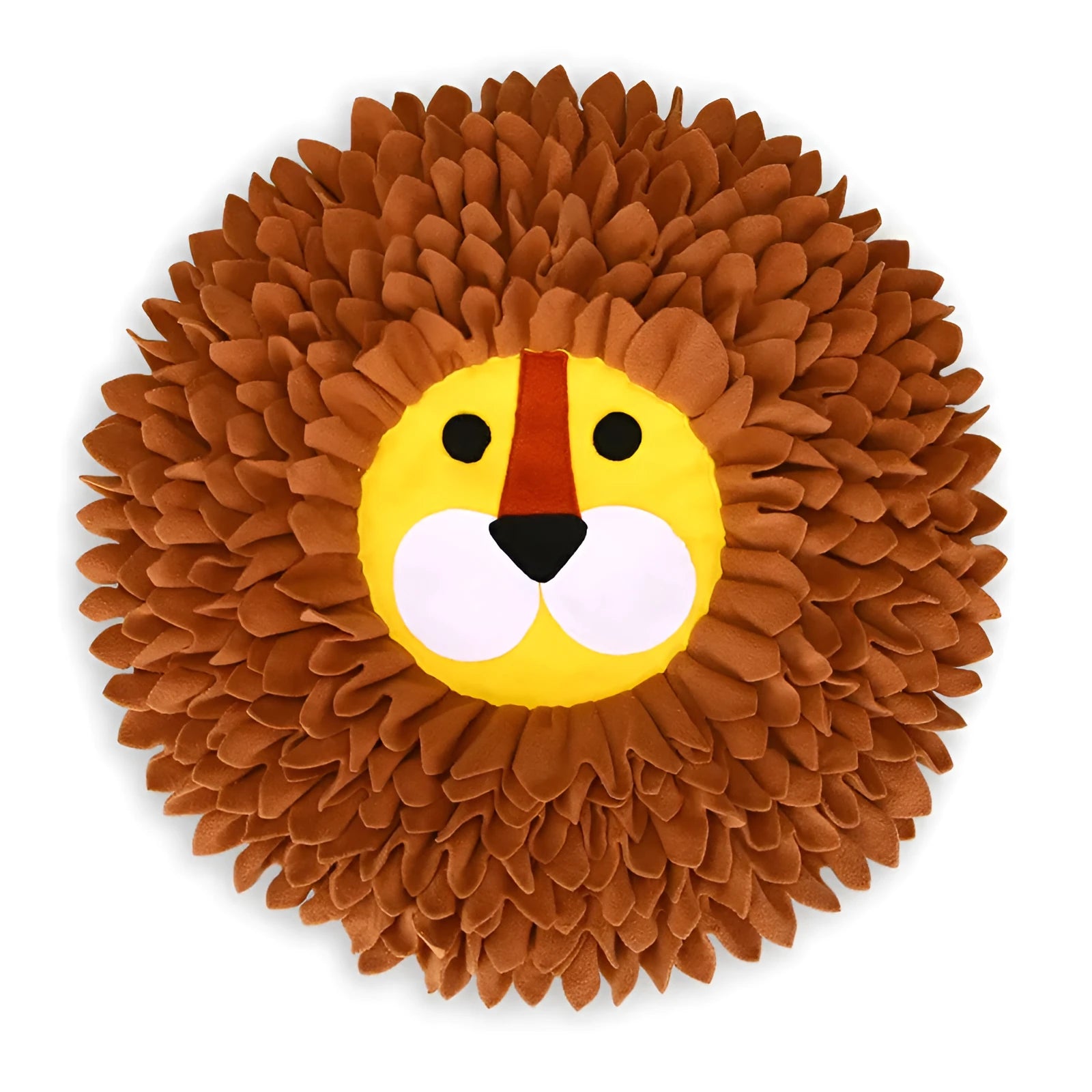 Brown lion face pattern snuffle mat for dogs and cats on a floor.