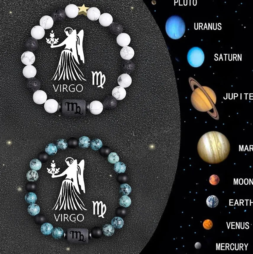 Natural stone beaded zodiac bracelet set showing twelve astrological signs
