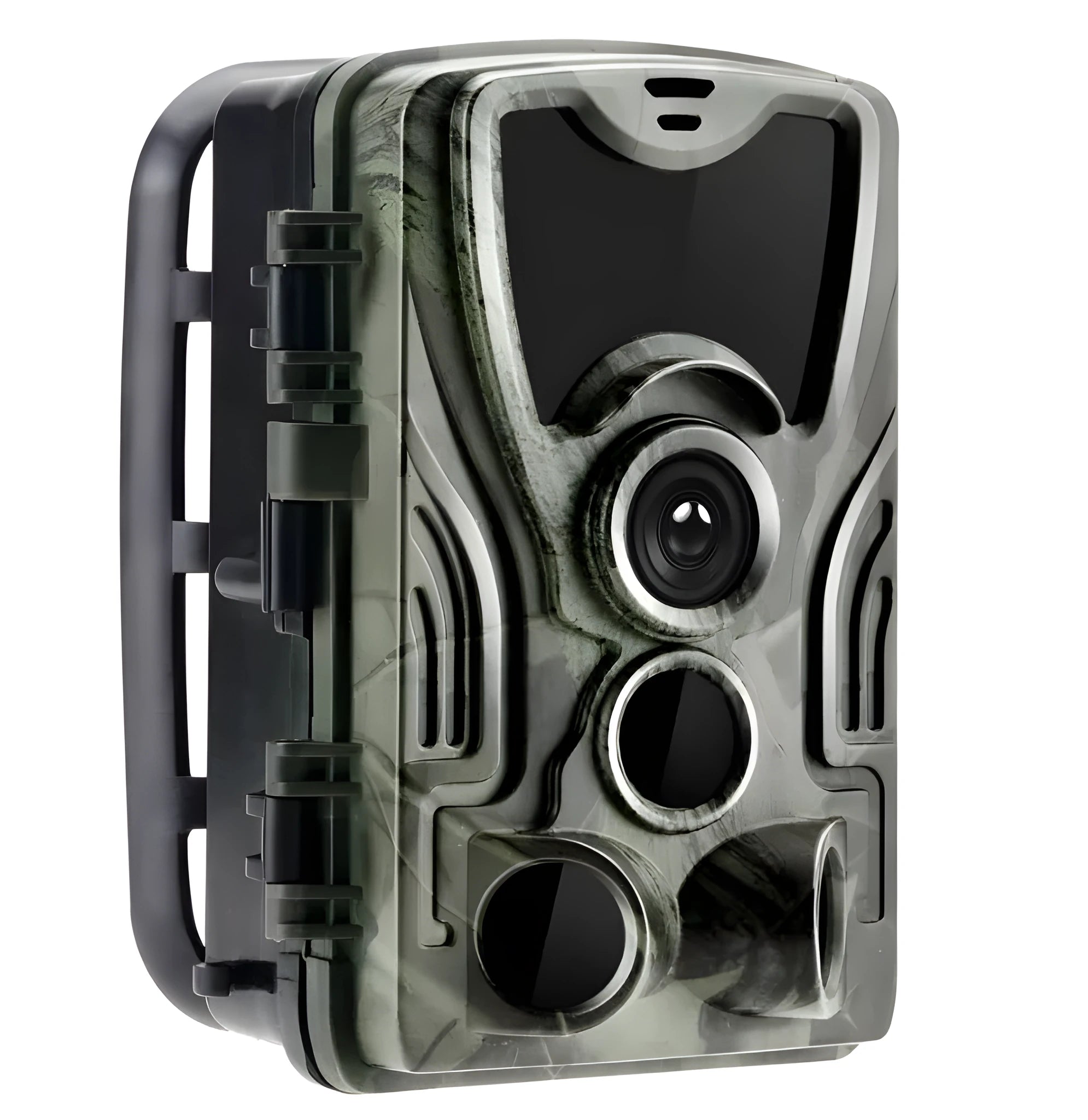 Green cellular trail camera with belt and tripod mount for hunting and wildlife monitoring