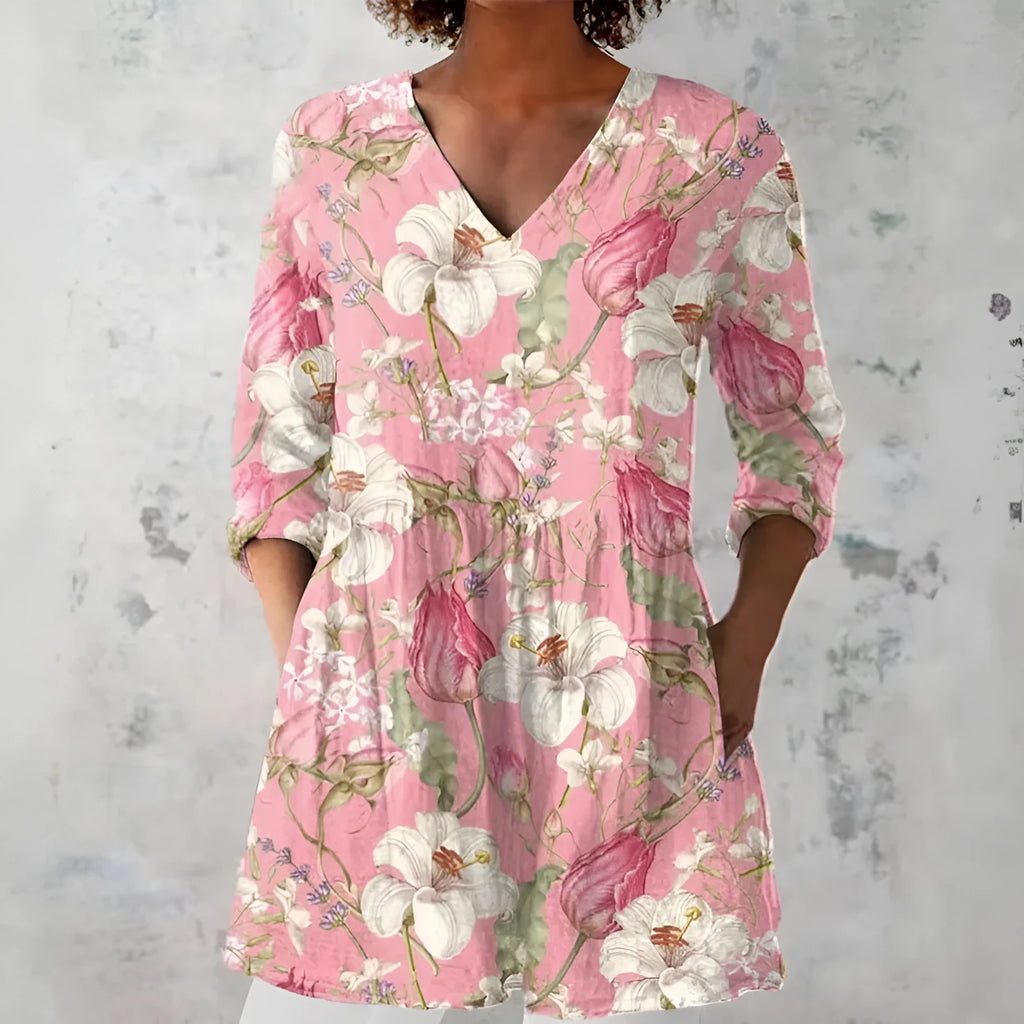 Women's retro slim fit long-sleeved top with digital printing, available in multiple colours.