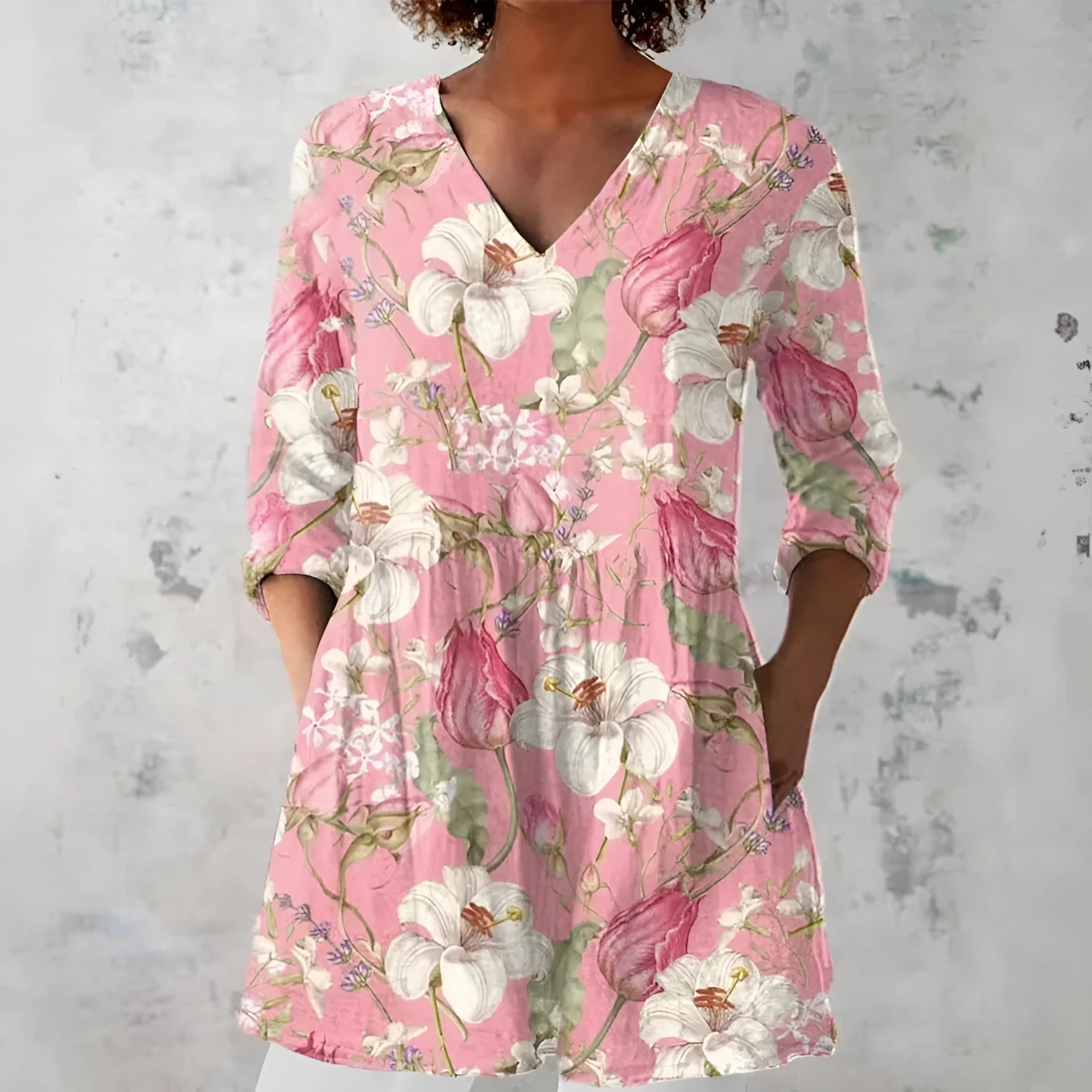 Women's retro slim fit long-sleeved top with digital printing, available in multiple colours.