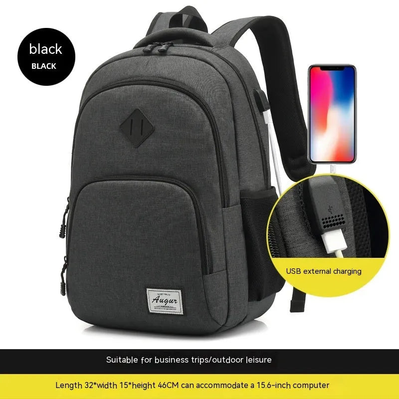 USB charging backpack with trolley strap in black, dark grey and light grey colours