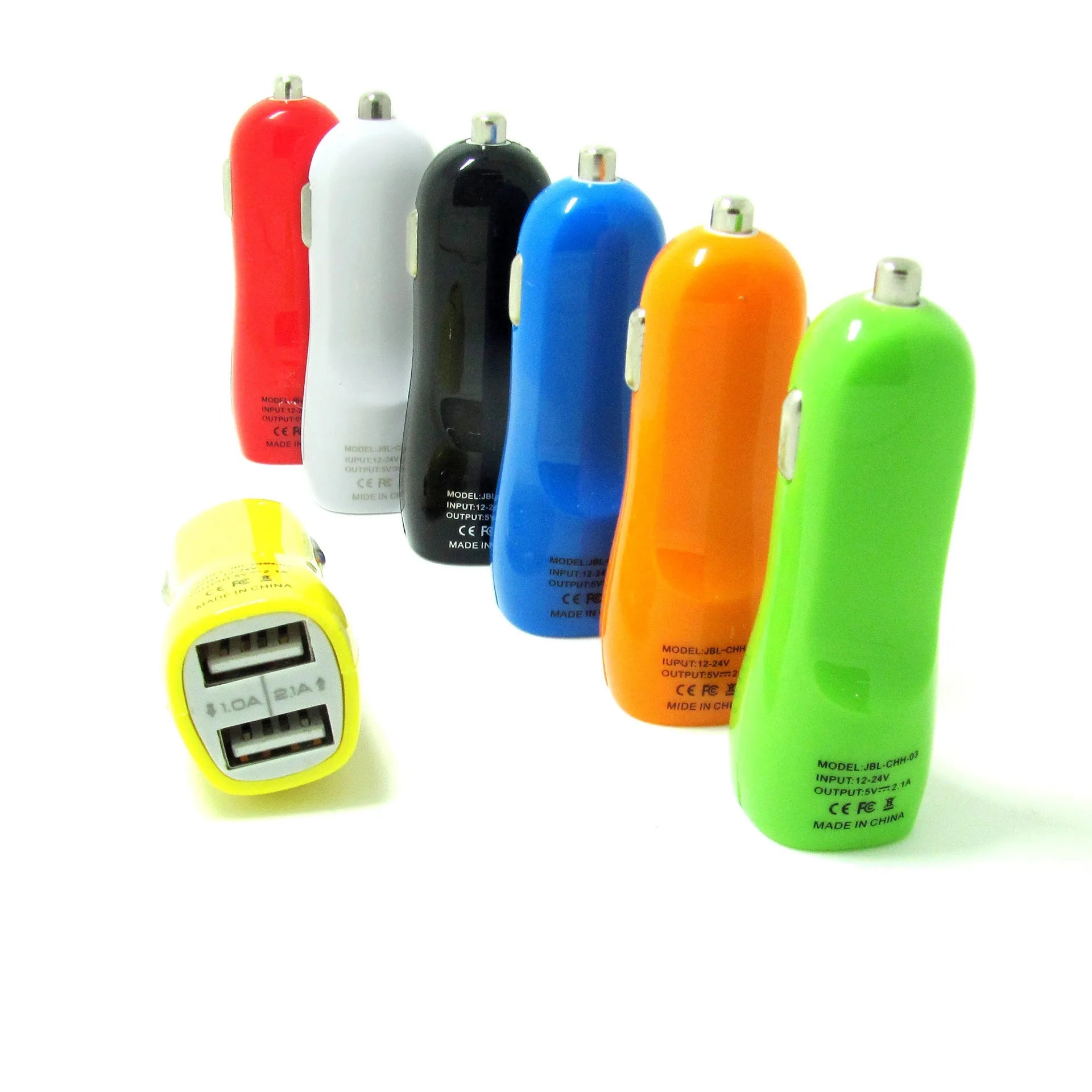 Duckbill-shaped dual USB car charger with blue LED indicator light