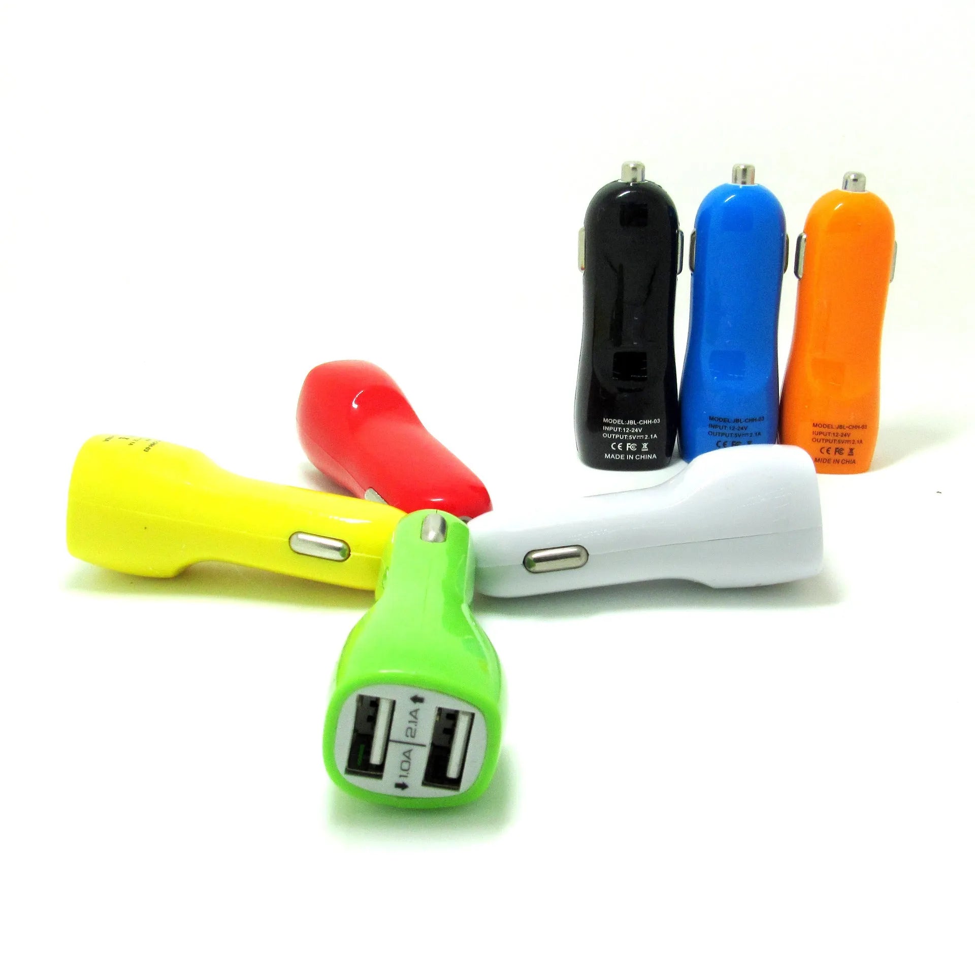 Duckbill-shaped dual USB car charger with blue LED indicator light