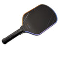Carbon fibre pickleball racket with multi-colour matte pattern, showing 418mm length and honeycomb core construction.