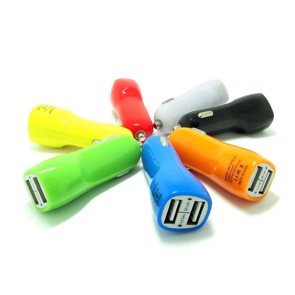 Duckbill-shaped dual USB car charger with blue LED indicator light