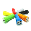 Duckbill-shaped dual USB car charger with blue LED indicator light