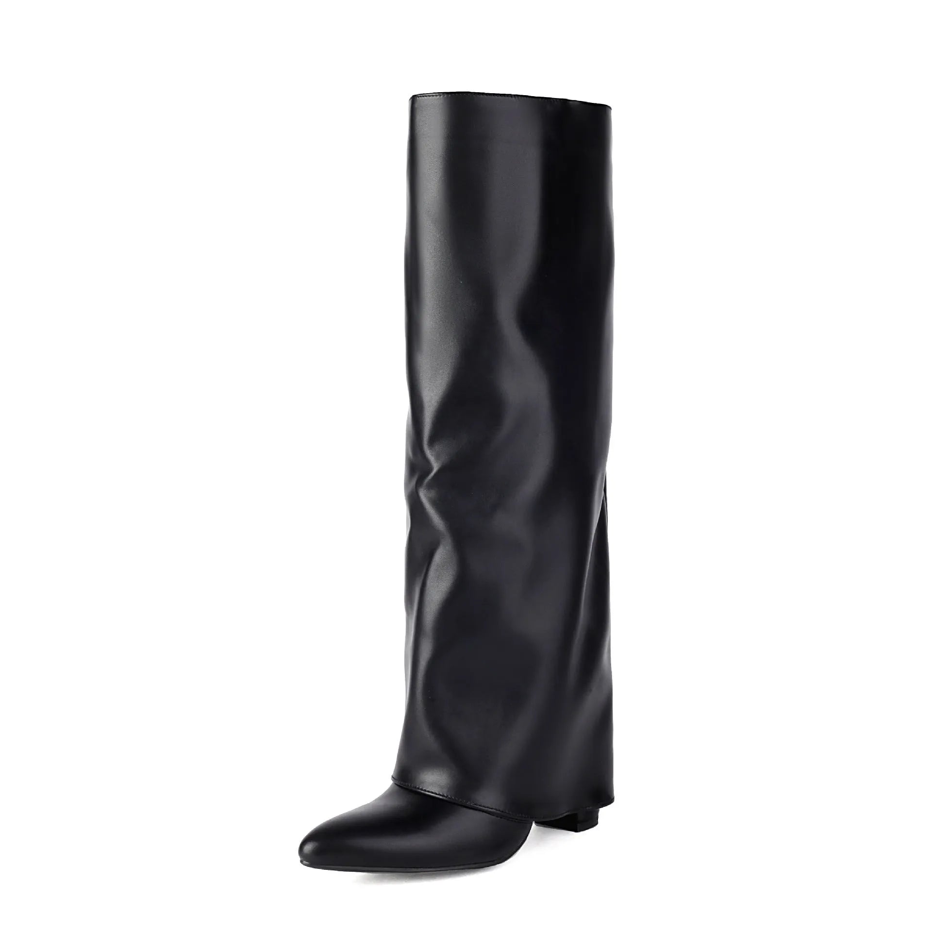 Women's black plus size high-heel winter boots with knee-high shaft and sewn detailing.