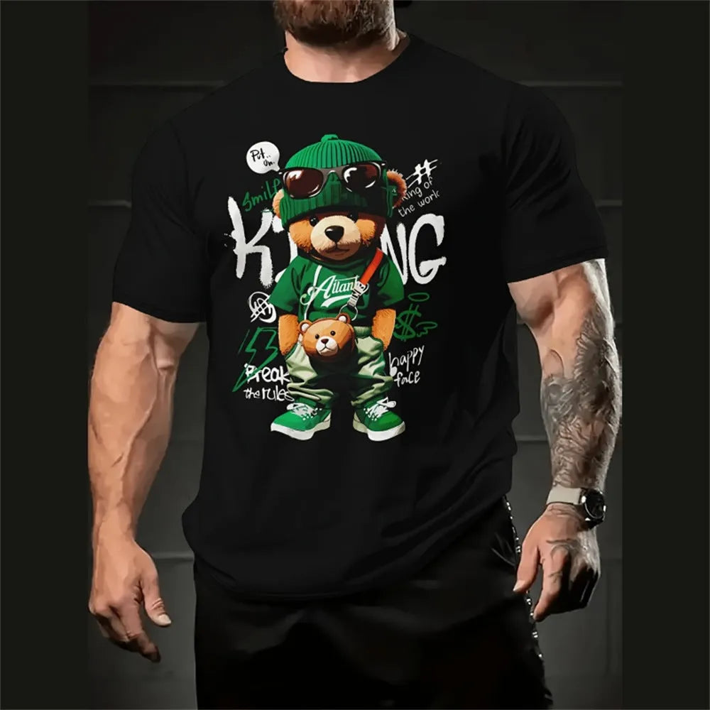 Men's loose-fit light blue T-shirt with a large cartoon character 3D print on the front.