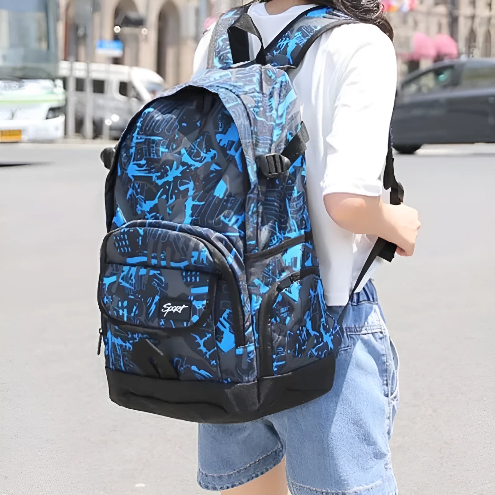 Classic blue nylon backpack with large capacity for travel and school use