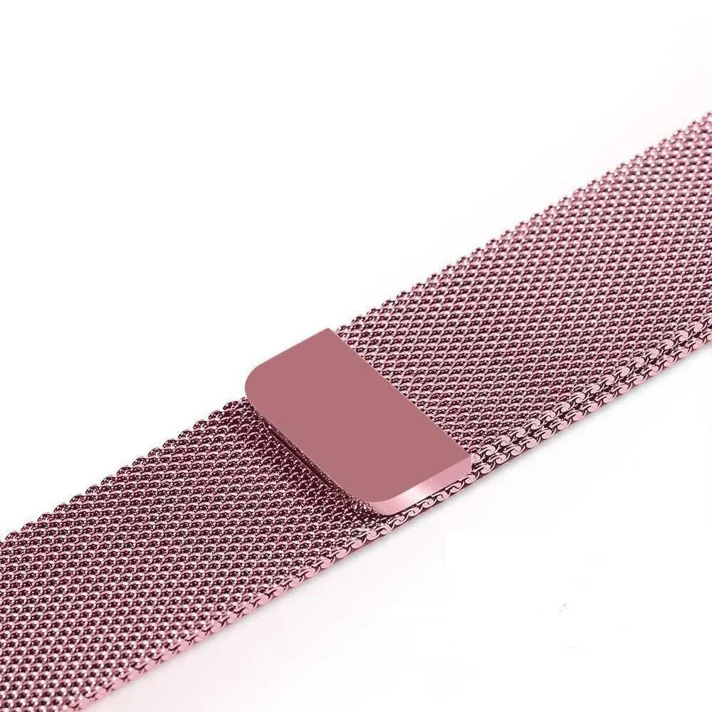Stainless steel metal watch strap replacement band in silver, black, gold, and rose gold colours.
