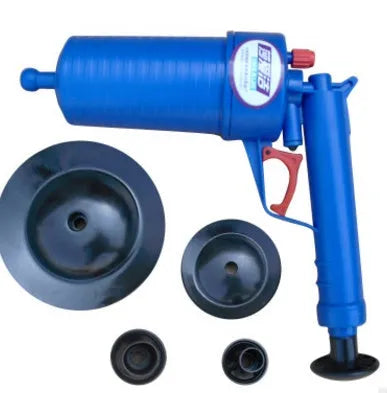 Plastic drain blaster gun with handle and four pipe adaptors for unblocking sinks and toilets
